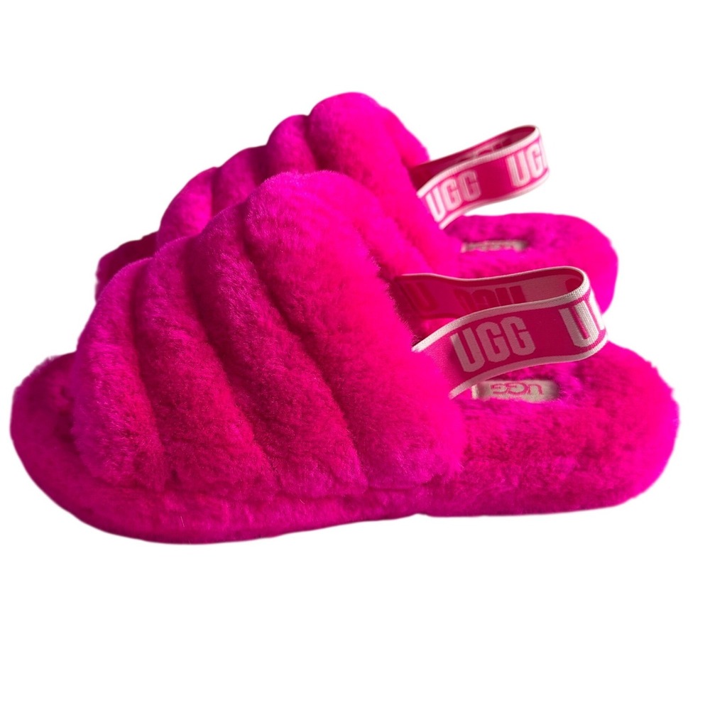 UGG Fluff Yeah Shearling Slides Bright Pink Sheepskin Sandals Womens Size 5